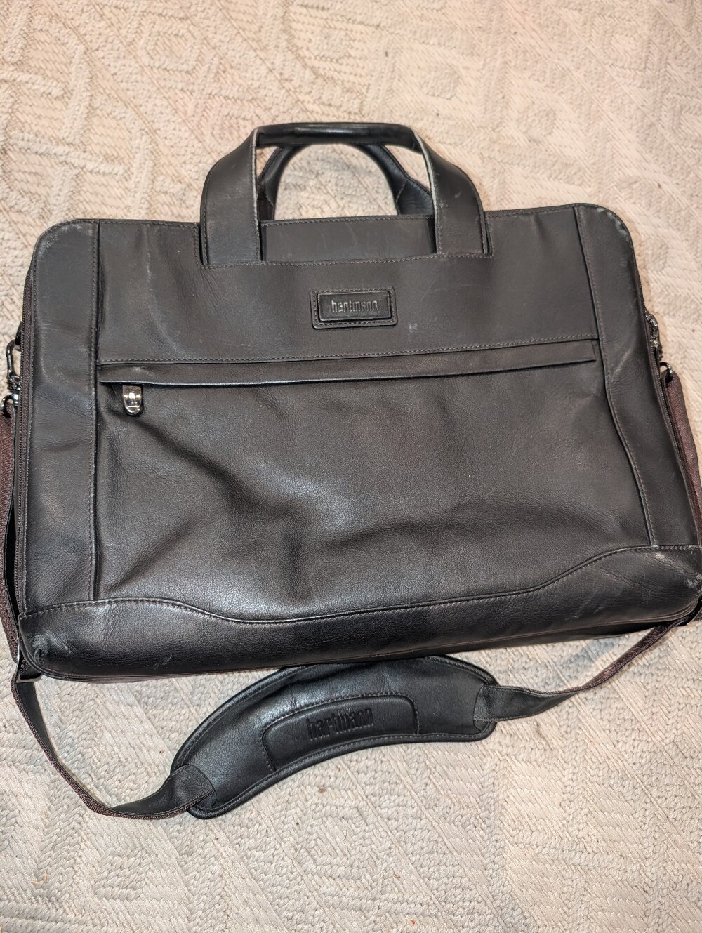 Hartmann Black Briefcase Leather Aviator Expandable Laptop With Strap